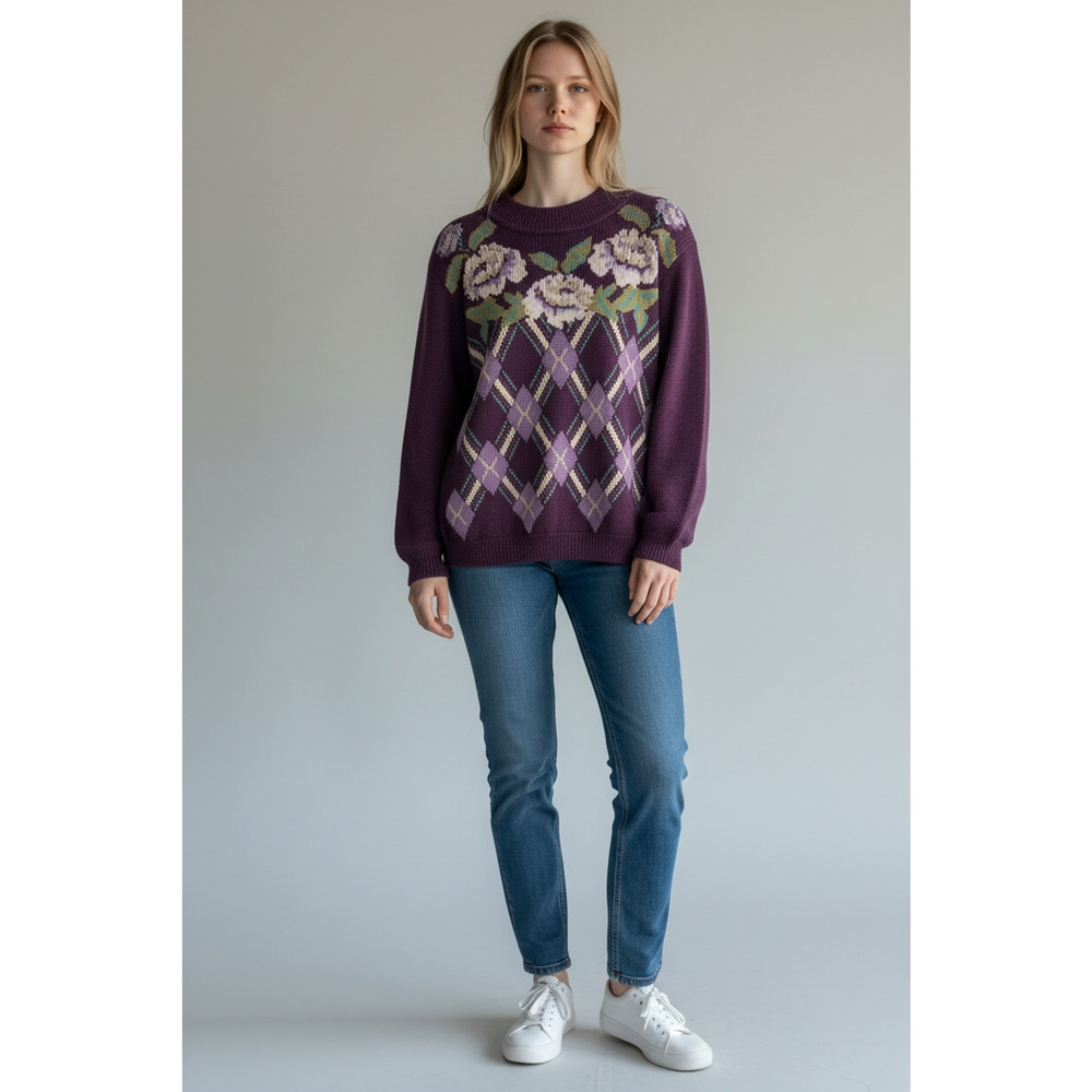Vintage Alfred Dunner Purle Knit Floral‎ Argyle Cottagecore Sweater Plus Size 1X